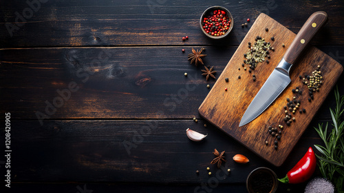 Wooden chopping board, knife and spices on dark wooden kichen tabel. Text space, wooden