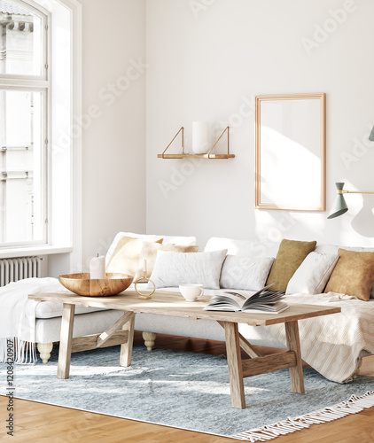 Mockup frame in interior background, white neutral room, Scandi-Boho style, 3d render	 photo