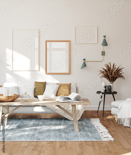 Mockup frame in interior background, white neutral room, Scandi-Boho style, 3d render	 photo