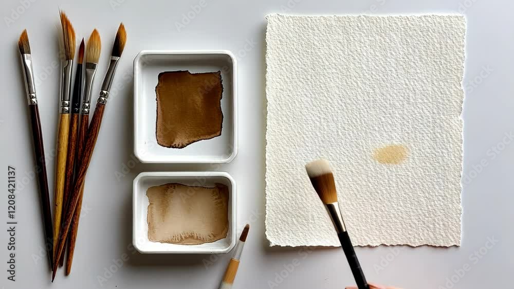 Brushes and palettes arranged on a table for a painting session in a creative workspace