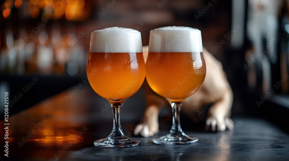 Close up double craft beer on the dark bar table Close up double craft beer on the dark bar table