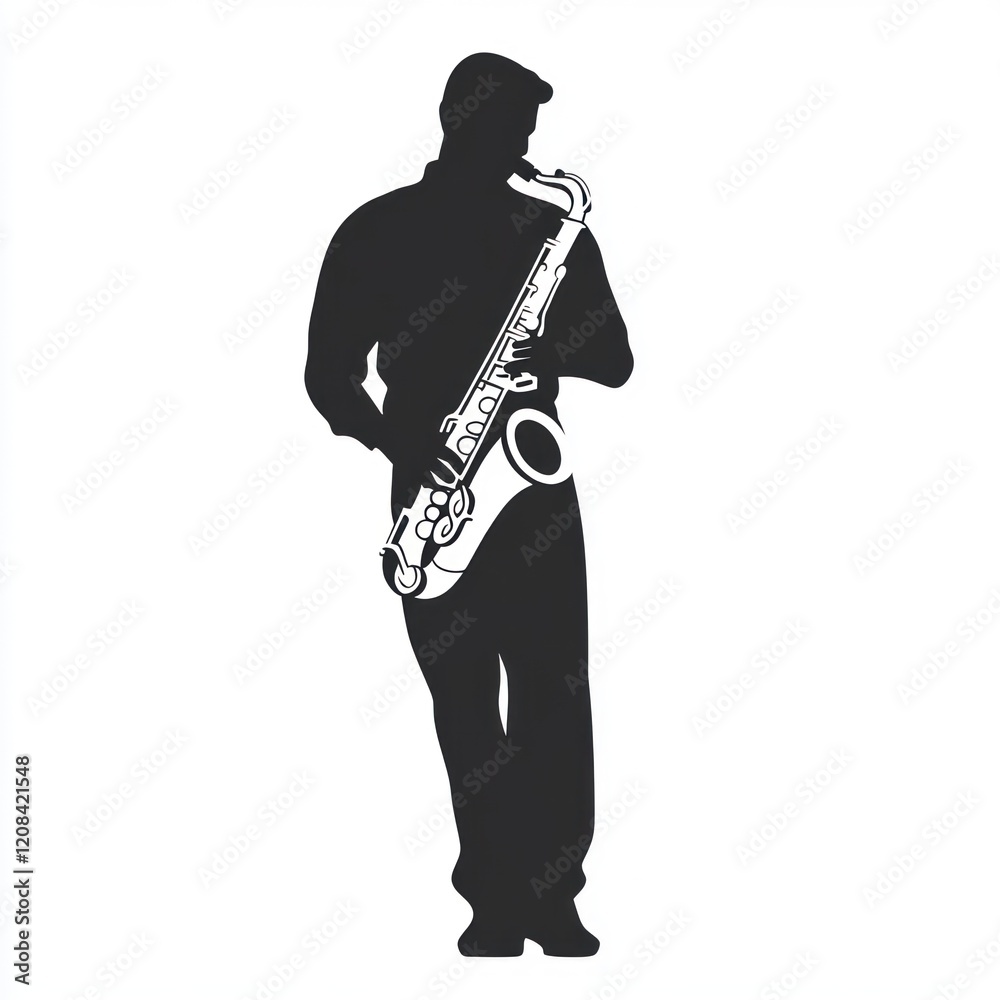 Naklejka premium Saxophonist silhouette, music performance, stage, concert, design element.