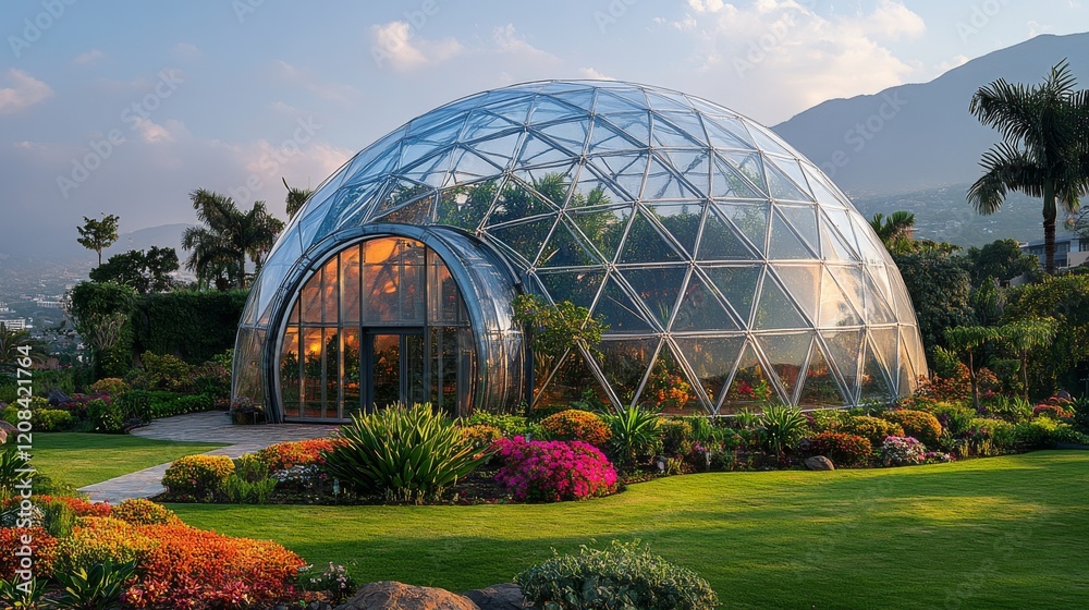 Fototapeta premium Dome structure designed for growing plants in a vibrant garden landscape during daylight