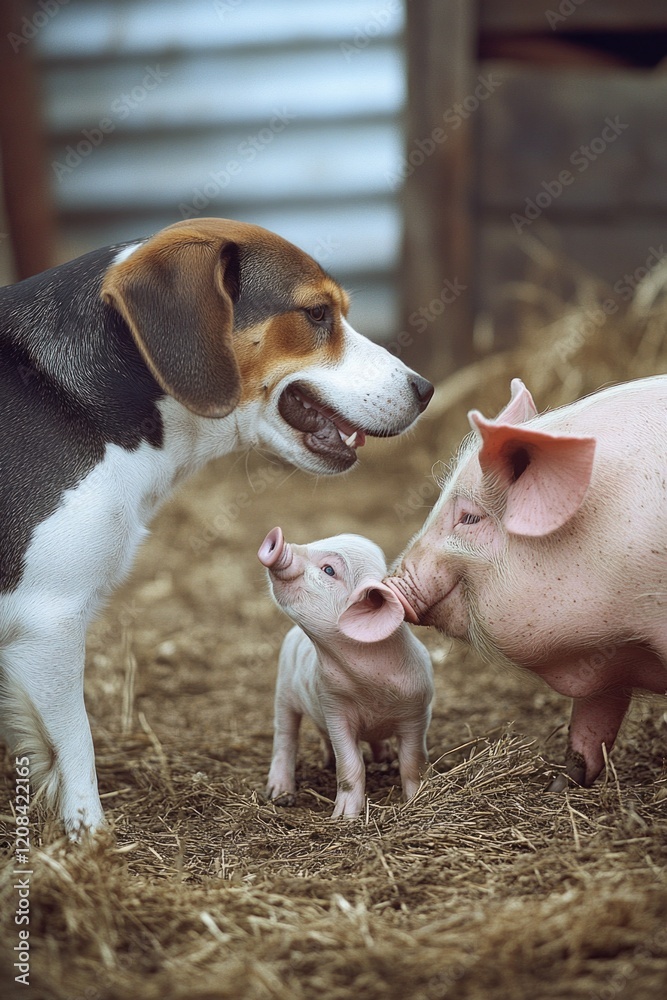 Farm animals enjoying time together in the hay Farm animals enjoying time together in the hay