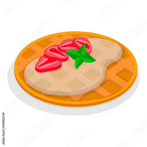 3D Isometric Flat Vector Illustration of Homemade Pastry, Assorted Belgian Waffles with Fresh Berries, Cream, and Icecream. Item 11