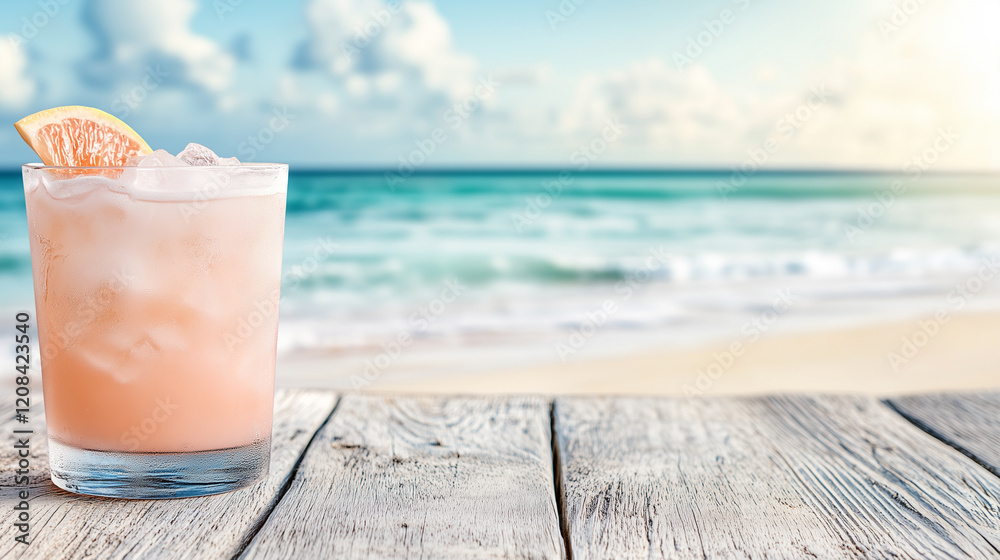 Refreshing grapefruit cocktail by the beach on a sunny day. Bright summer banner with empty space Refreshing grapefruit cocktail by the beach on a sunny day. Bright summer banner with empty space