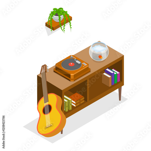 3D Isometric Flat Vector Illustration of Retro Style Apartment, Cozy Home. Item 2