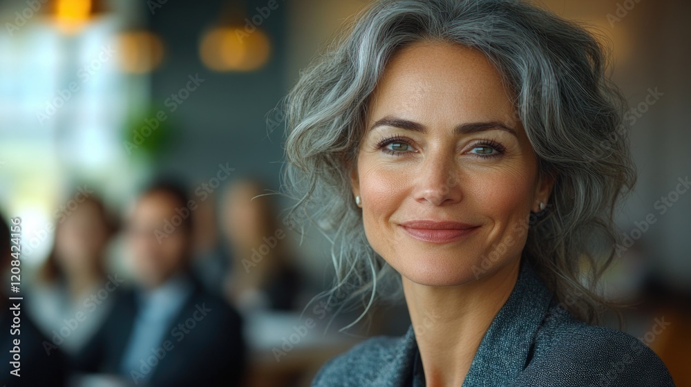 A professional woman with gray hair and blazer, suitable for corporate or office use A professional woman with gray hair and blazer, suitable for corporate or office use