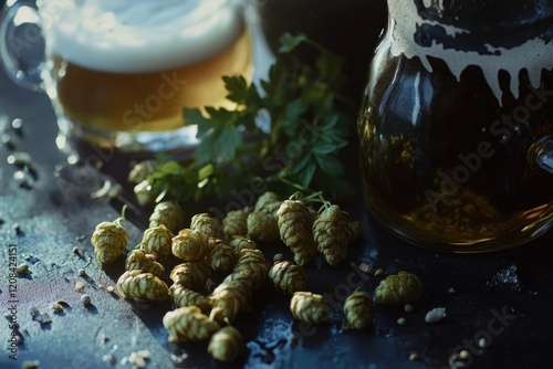 Fresh hops and a pitcher of beer, ready for brewing or serving