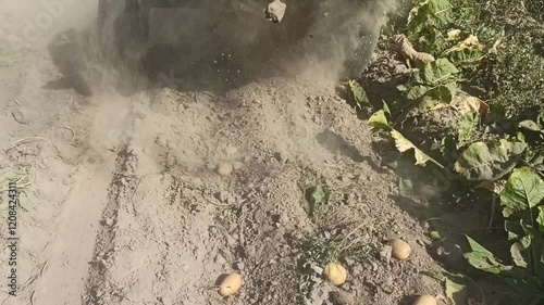 agricultural work on tractor. Mechanized potato processing. potato plowing. Cultivation of agricultural crops of mechanized crops. Digging up potatoes crop. Potato digger in action