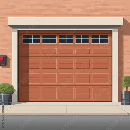 Garage door. Parking lot modern, metal and glass mechanism doors. Colorful architectural house elements. Warehouse for personal use. Color isolated drawings