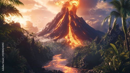 A majestic, erupting volcano in a tropical landscape. the fiery lava flows down the sides of the mountain and through a river, illuminating the surrounding jungle. Fiery Volcano. Illustration