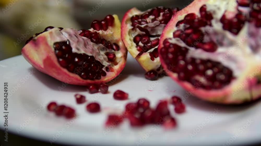 red grains of peeled pomegranate fruit, large sweet and juicy pomegranate seeds on a table made of black slate red grains of peeled pomegranate fruit, large sweet and juicy pomegranate seeds on a table made of black slate
