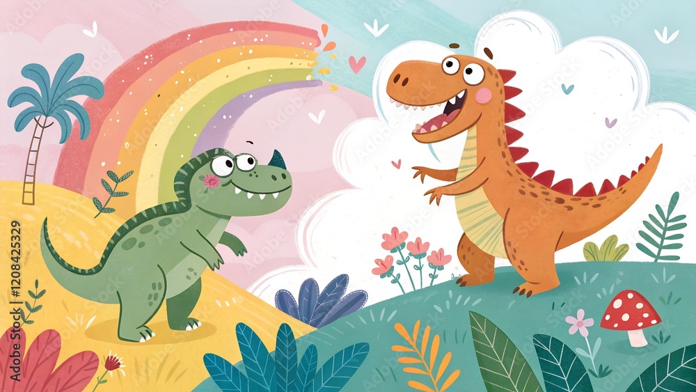 Obraz premium This is a whimsical and colorful illustration featuring two cartoon dinosaurs in a playful scene with a rainbow.