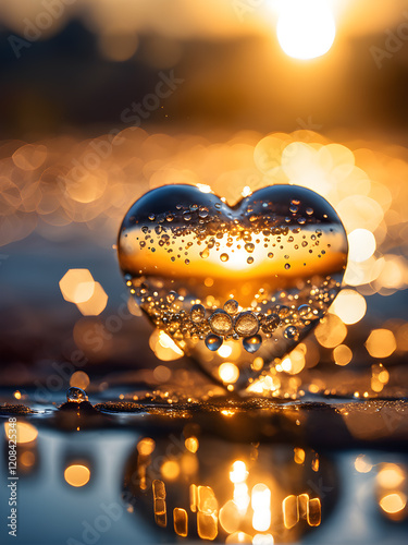 glass transparent heart on sunset background with bokeh photo