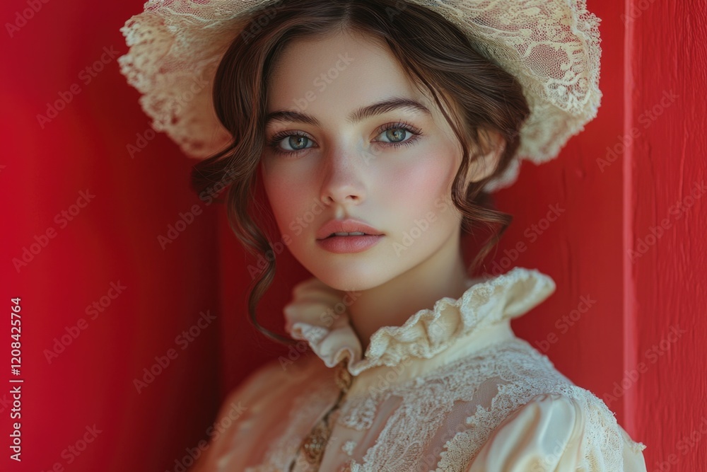 Fototapeta premium A woman wears a white hat and dress outdoors
