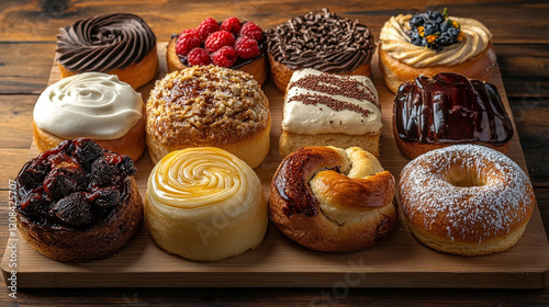 Delicious assortment of freshly baked pastries on a rustic wooden board showcasing various flavors and textures in an inviting setting ideal for dessert lovers photo