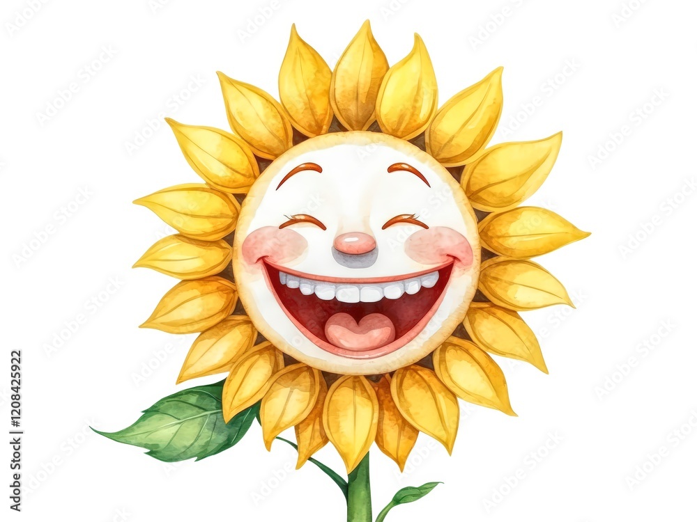 Watercolor laughing sunflower face with copyspace. Watercolor laughing sunflower face with copyspace.