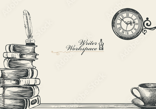 Vector banner on a writers theme with sketches and place for text. Writer workspace. Vintage illustration with hand-drawn books, vintage architecture and cup of coffee or tea