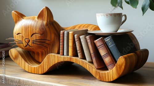 Wooden cat bookend holds books, teacup; home library background photo