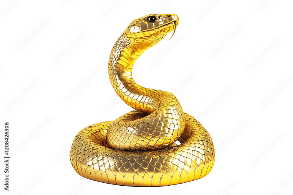 Coiled golden snake sculpture with detailed scales isolated on white transparent background, reptiles or wildlife, symbolizing Chinese Lunar New year Coiled golden snake sculpture with detailed scales isolated on white transparent background, reptiles or wildlife, symbolizing Chinese Lunar New year