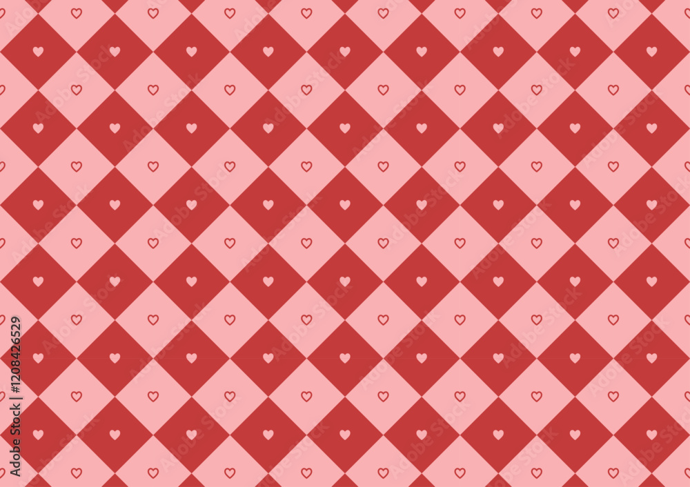 Monochrome pattern with hearts on a checkered background. Modern retro illustration for decoration. Heart pattern.