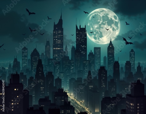 Dark city panorama at night. Skyscrapers, buildings silhouettes against pale teal sky with large moon. Bats fly in twilight. Somber mood. Urban landscape with illuminated city lights. Evening view of photo