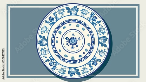 Exquisite Chinese Porcelain Blue and White Plate Flat Vector Illustration photo