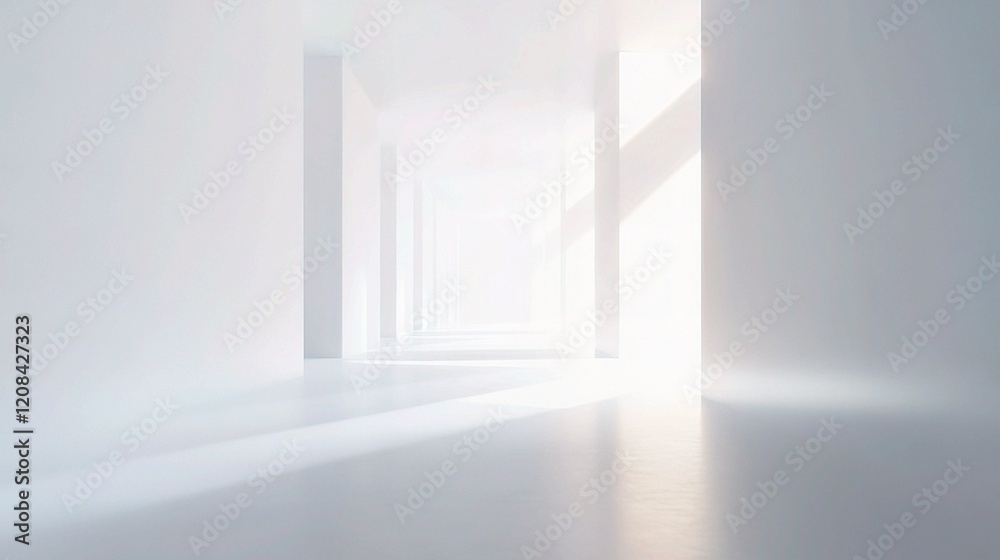 Fototapeta premium Sunlight Through Minimalist Hallway: A shaft of sunlight streams through a minimalist hallway, illuminating the white walls and polished floor. The light creates a sense of depth and perspective.