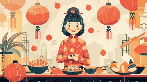 Chinese Hungry Ghost Festival Culture Flat Vector Illustration photo