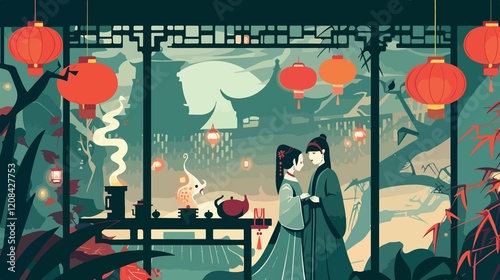 Chinese Hungry Ghost Festival Cartoon Illustration photo