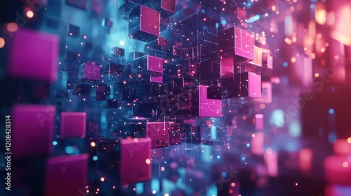 Cybernetic Dreamscape:  A mesmerizing abstract rendering of vibrant pink and blue cubes floating in a digital space, evoking a sense of futuristic technology and boundless possibilities.