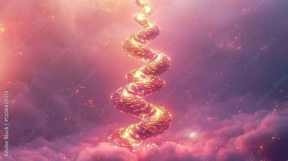 Obraz premium A surreal tower of glowing organic spirals stacked infinitely upwards into soft glowing clouds of pink and gold light