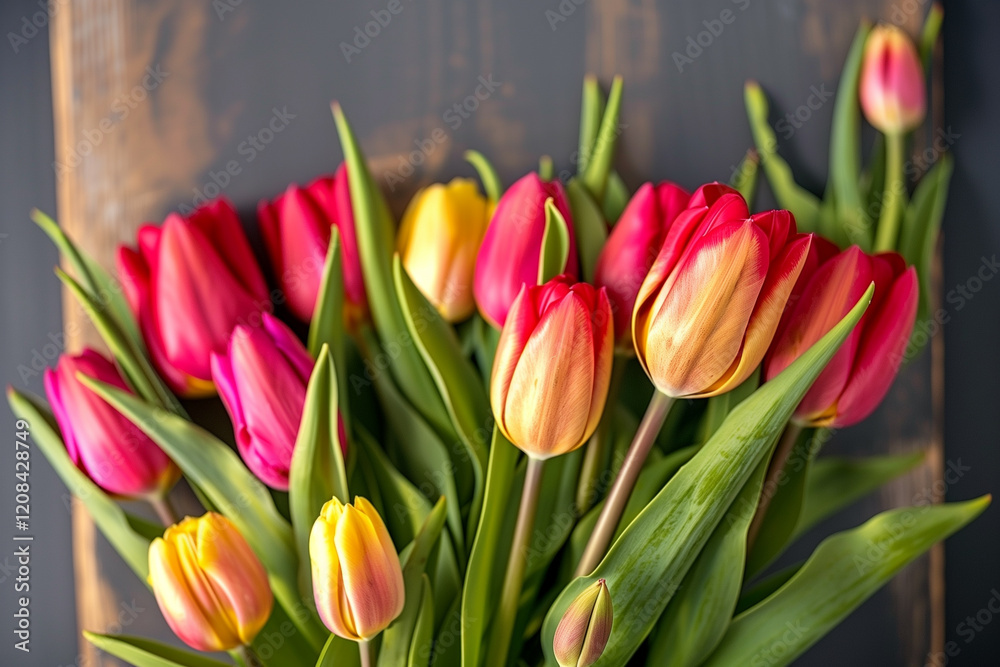 Obraz premium Beautiful colorful bouquet of tulips on wooden board table background. Valentine's Day, Easter, Happy Women's Day, Mother's Day. Flat lay, top view, copy space.