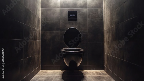 Modern dark toilet, open lid, tile walls, minimalist design, bathroom interior
