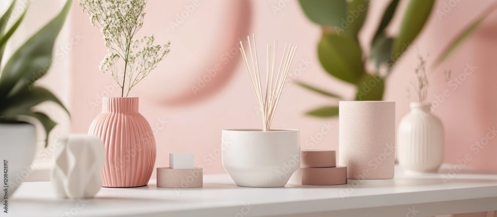 Fototapeta premium White and Pink Home Decor Items on a White Table