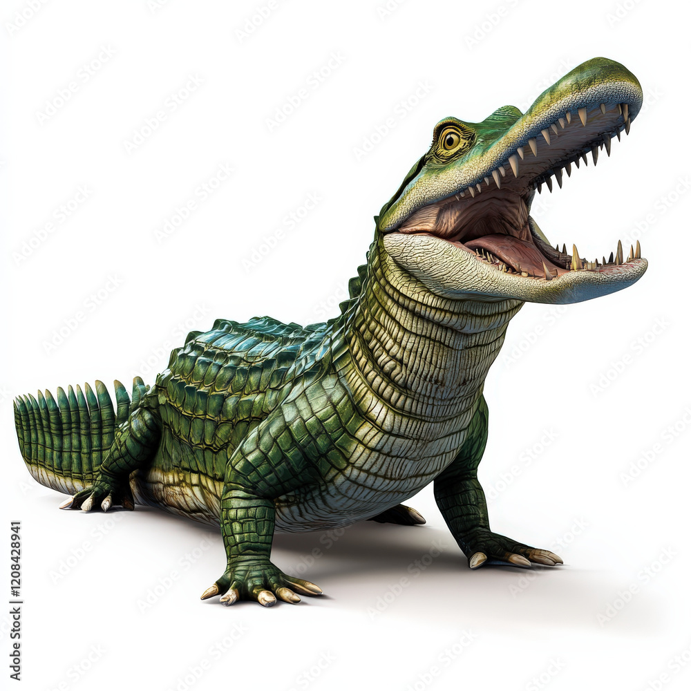 Fototapeta premium Green alligator, open mouth, side view, isolated on white.
