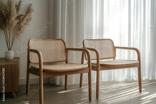 Minimalist seating arrangement with natural textures and soft li