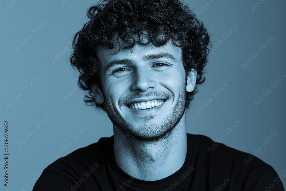 Obraz premium A man with a beard and curly hair is smiling at the camera
