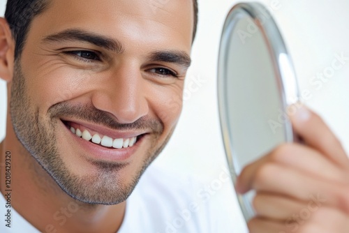 A person holding a mirror to examine themselves