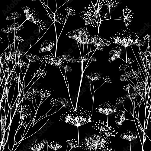 Seamless monochrome background grass dill with seeds. Hand drawing. Not AI, Vector illustration