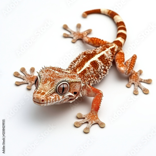 Striped crested gecko on white background.