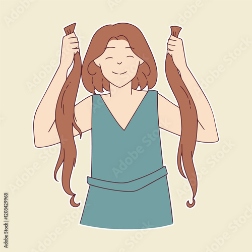 Illustration of a woman cutting her hair to donate, symbolizing compassion and support for those in need, set on a soft pastel background