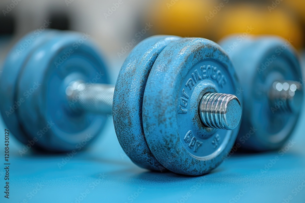 A pair of blue dumbbells placed on a blue table, suitable for fitness and gym-themed photoshoots A pair of blue dumbbells placed on a blue table, suitable for fitness and gym-themed photoshoots