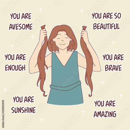  Illustration featuring motivational compliments like "You are awesome" and "You are brave," surrounding a confident woman. A positive design for World Compliment Day