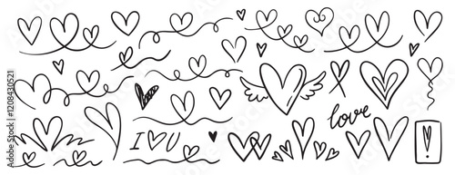 Hand drawn heart line elements set, outline love lines, isolated vector clip art collection