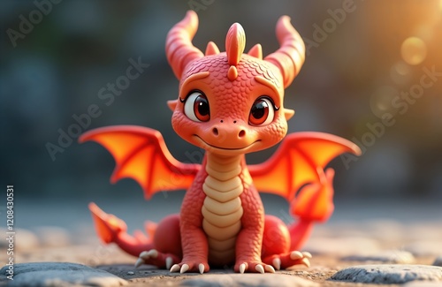 Cute cartoon dragon sits on stones. Adorable little dragon with big eyes, smile. Orange-red color. Fantasy creature. Dragon wings, tail. Adorable dragon character. Suitable for children books games. photo