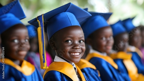 Young African Boy in Blue Graduation Gown Smiling