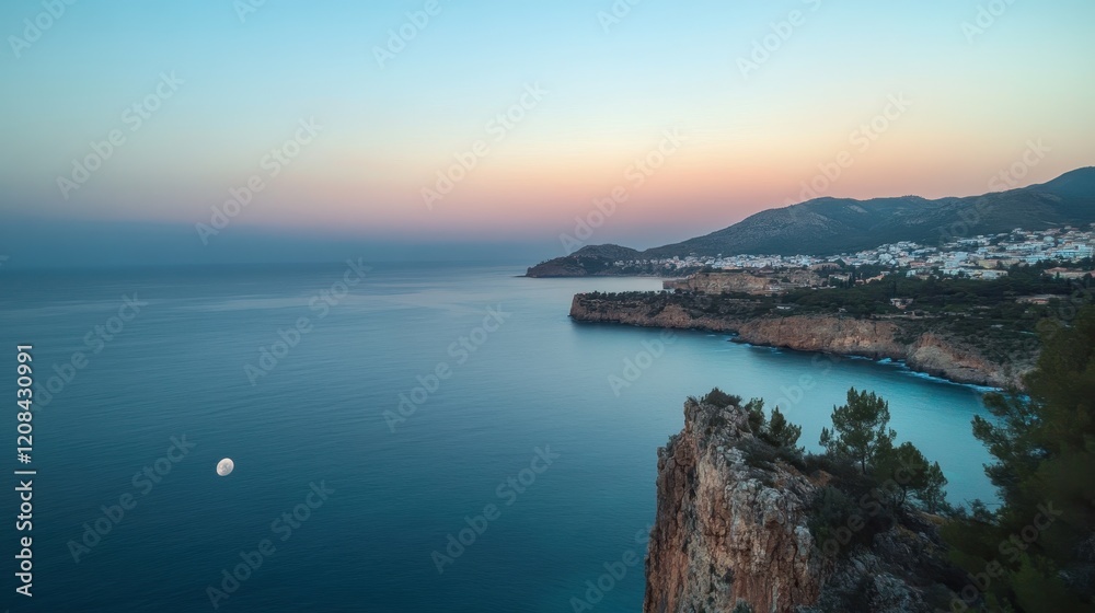 Fototapeta premium Coastal sunset landscape with moon over cliffs and calm sea