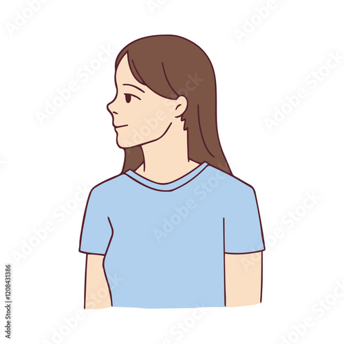 A minimalist side portrait of a young woman wearing a simple blue shirt. The artwork highlights natural beauty and individuality through clean lines and soft pastel colors